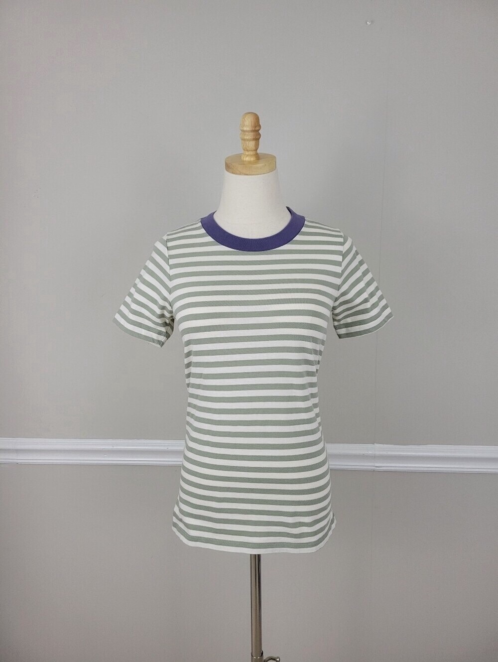 Madewell Sage and White Striped Short-Sleeve Tee with Purple Neckline